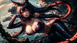 Masterpiece, ultra hd, 8k, hdr, dynamic, hype realistic, futuristic detailed background, finely detailed body, One female vampire, (dark red eyes), long black hair, bangs, hair_past_waist, straight_hair, perfect figure, cleavage cut out, big breast, topless, face to the sky, (Ensure the skin tone and texture closely resemble human skin.),((Navy-blue-red-colored apparel, often in the form of long, two-tailed coats)), depth_of_field, solo_female,ActionFigureQuiron style,perfecteyes