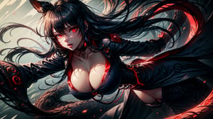 Masterpiece, ultra hd, 8k, hdr, dynamic, hype realistic, futuristic detailed background, finely detailed body, One female vampire, (dark red eyes), long black hair, bangs, hair_past_waist, straight_hair, perfect figure, cleavage cut out, big breast, topless, face to the sky, (ultra realistic texture skin),((Navy-blue-red-colored apparel, often in the form of long, two-tailed coats)), depth_of_field, solo_female,ActionFigureQuiron style,perfecteyes