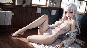 1 girl, shoulder-length hair, white hair with red tints, full lips, soft-pink lipstick, crimson red eyes, slender body,30 inch size breasts,(translucent-white swimsuit),

bathroom, seductively posing, window light, full body, realistic light, 16k.,1 girl,perfecteyes,Detailedface,yuzu, teen legs,(Anatomically perfect female hands with their fourth fingers and thumb),(only correct legs one left and one right leg) she  have delicate perfect defined feet