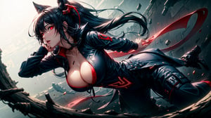 Masterpiece, ultra hd, 8k, hdr, dynamic, hype realistic, futuristic detailed background, finely detailed body, One female vampire, (dark red eyes), long black hair, bangs, hair_past_waist, straight_hair, perfect figure, cleavage cut out, big breast, topless, (ultra realistic defined skin),((Navy-blue-red-colored apparel, often in the form of long, two-tailed coats)), depth_of_field, solo_female,ActionFigureQuiron style