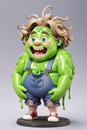 Sammy Slime, Create an '80s Garbage Pail Kids-style trading card featuring Sammy Slime, a fat boy oozing green slime from every pocket of his oversized, grungy overalls. His hair stands on end, stiffened by slime, and he sports a mischievous grin as he slings slime balls at unsuspecting passersby,APEX colourful ,3d toon style,claymation