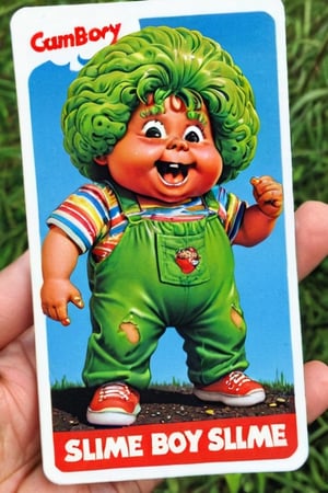 Sammy Slime,Trading sticker card, old card sticker, vintage ruined '80 style, series of sticker trading cards produced by the Topps Company, originally released in 1985 and designed to parody the Cabbage Patch Kids dolls, card of a Garbage pail kids, Capture a joyful and creative expression, old hot blur image, text title, very puffy face and body, '80s Garbage Pail Kids-style trading card featuring Sammy Slime, a fat boy oozing green slime from every pocket of his oversized, grungy overalls. His hair stands on end, stiffened by slime, and he sports a mischievous grin as he slings slime balls at unsuspecting passersby,APEX colourful ,3d toon style,claymation,photorealistic
