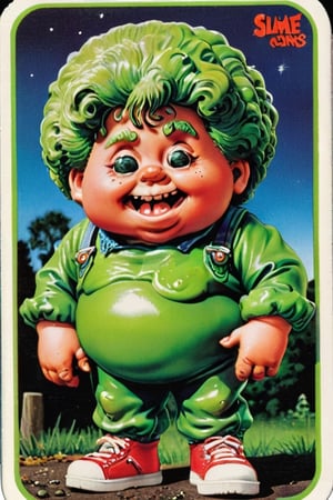 Sammy Slime,Trading sticker card, old card sticker, vintage ruined '80 style, series of sticker trading cards produced by the Topps Company, originally released in 1985 and designed to parody the Cabbage Patch Kids dolls, card of a Garbage pail kids, Capture a joyful and creative expression, old hot blur image, text title, very puffy face and body, '80s Garbage Pail Kids-style trading card featuring Sammy Slime, a fat boy oozing green slime from every pocket of his oversized, grungy overalls. His hair stands on end, stiffened by slime, and he sports a mischievous grin as he slings slime balls at unsuspecting passersby,APEX colourful ,3d toon style,claymation
