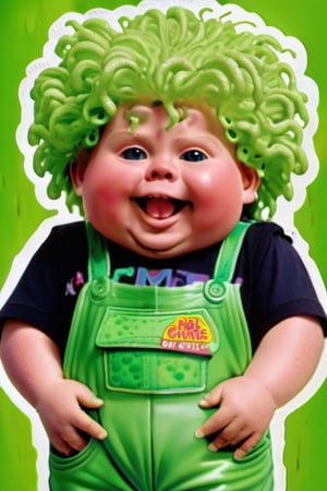 Sammy Slime, matt surface Trading sticker card, old card sticker, ruined vintage blurred filter,  '80 style, series of sticker trading cards originally released in 1985 and designed to parody the Cabbage Patch Kids dolls, card of a Garbage pail kids, Garbage pail kids sticker cards style, Capture a joyful and creative expression, old hot blur image, text title, very puffy face and body, '80s Garbage Pail Kids-style trading card featuring Sammy Slime, a weird fat boy oozing green slime from every pocket of his oversized, grungy overalls. His hair stands on end, stiffened by slime, and he sports a mischievous grin as he slings slime balls at unsuspecting passersby,3d toon style,claymation,margin borders ,SD 1.5