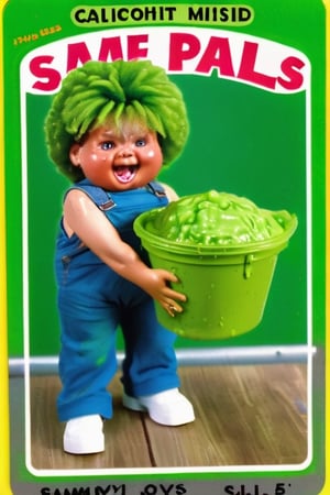 Sammy Slime, matt surface Trading sticker card, old card sticker, ruined vintage blurred filter,  '80 style, series of sticker trading cards originally released in 1985 and designed to parody the Cabbage Patch Kids dolls, card of a Garbage pail kids, Garbage pail kids sticker cards style, Capture a joyful and creative expression, old hot blur image, text title, very puffy face and body, '80s Garbage Pail Kids-style trading card featuring Sammy Slime, a weird fat boy oozing green slime from every pocket of his oversized, grungy overalls. His hair stands on end, stiffened by slime, and he sports a mischievous grin as he slings slime balls at unsuspecting passersby,3d toon style,claymation,margin borders ,SD 1.5