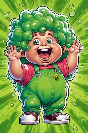 Sammy Slime, Create an '80s Garbage Pail Kids-style trading card featuring Sammy Slime, a boy oozing green slime from every pocket of his oversized, grungy overalls. His hair stands on end, stiffened by slime, and he sports a mischievous grin as he slings slime balls at unsuspecting passersby