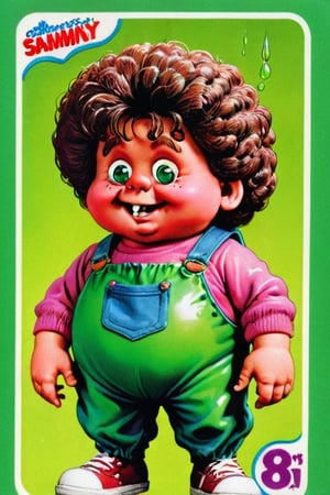 Sammy Slime,Trading sticker card, old card sticker, vintage ruined '80 style, series of sticker trading cards produced by the Topps Company, originally released in 1985 and designed to parody the Cabbage Patch Kids dolls, card of a Garbage pail kids, Capture a joyful and creative expression, old hot blur image, text title, very puffy face and body, '80s Garbage Pail Kids-style trading card featuring Sammy Slime, a weird fat boy oozing green slime from every pocket of his oversized, grungy overalls. His hair stands on end, stiffened by slime, and he sports a mischievous grin as he slings slime balls at unsuspecting passersby,APEX colourful ,3d toon style,claymation,photorealistic,SD 1.5