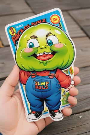 Sammy Slime,Trading sticker card, old card sticker, '80 style, series of sticker trading cards produced by the Topps Company, originally released in 1985 and designed to parody the Cabbage Patch Kids dolls, card of a Garbage pail kids, Capture a joyful and creative expression, old hot blur image, text title, very puffy face and body, '80s Garbage Pail Kids-style trading card featuring Sammy Slime, a fat boy oozing green slime from every pocket of his oversized, grungy overalls. His hair stands on end, stiffened by slime, and he sports a mischievous grin as he slings slime balls at unsuspecting passersby,APEX colourful ,3d toon style,claymation