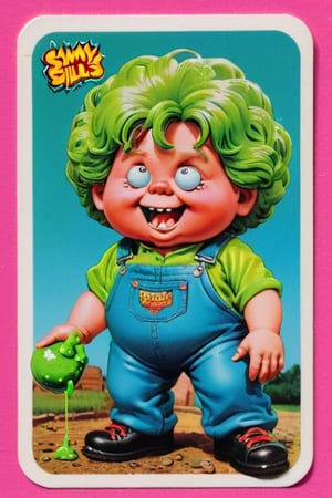 Sammy Slime,Trading sticker card, old card sticker, vintage ruined '80 style, series of sticker trading cards produced by the Topps Company, originally released in 1985 and designed to parody the Cabbage Patch Kids dolls, card of a Garbage pail kids, Capture a joyful and creative expression, old hot blur image, text title, very puffy face and body, '80s Garbage Pail Kids-style trading card featuring Sammy Slime, a weird fat boy oozing green slime from every pocket of his oversized, grungy overalls. His hair stands on end, stiffened by slime, and he sports a mischievous grin as he slings slime balls at unsuspecting passersby,APEX colourful ,3d toon style,claymation,photorealistic,SD 1.5
