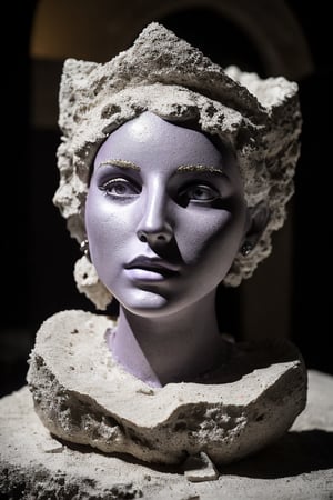 At "Biennale di Venezia" art exhibiton, Mirko Ferronato style, rough rurface material sculpture, raw material, beautiful woman full body sculpture, made of gypsum, light purple crystals inside small erosions, factory lab studio background, iperrealistic, super detailed, professional photography, 4k, hdr, Canon DSLR, f/ 2. 8