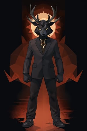 male demonic jackalope, assassin gear, bunny ears, rabbit face, red-orange large bat_wings, 12 years old, demon tail, revolver, dagger, white furry, orange trim, black suit, full body image, elk horns, prehensile claws,riley