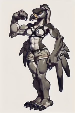 ((female)) eagle, feet made of talons, muscular legs, thin body, ((body covered in brown feathers)), khaki shorts, A cut-off tank top, ((perfect breasts)), ((white patch of feathers marking her abdomen)), monster, ((long arms covered in feathers ended with human hands and fingers)), gold eyes, ((head feathers tied back as a ponytail)), large beak, full-body, anthropomorphic, agawa, breasts, ((body Symmetry)), Better clothing