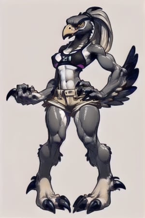 ((female)) eagle, feet made of talons, muscular legs, thin body, ((body covered in brown feathers)), khaki shorts, A cut-off tank top, ((perfect breasts)), ((white patch of feathers marking her abdomen)), monster, ((long arms covered in feathers ended with human hands and fingers)), gold eyes, ((head feathers tied back as a ponytail)), large beak, full-body, anthropomorphic, agawa, breasts, ((body Symmetry)), Better clothing
