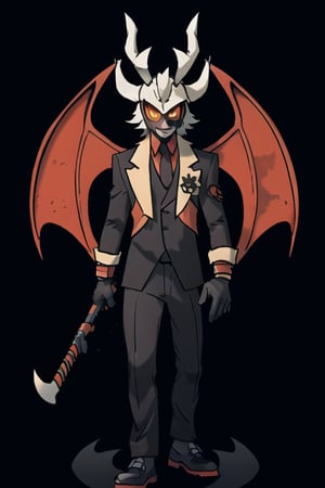 male jackalope, assassin gear, bunny ears, rabbit face, red-orange large bat_wings, 12 years old, demon tail, white fur, orange trim, black suit, full body image, elk horns, prehensile claws, black gloves