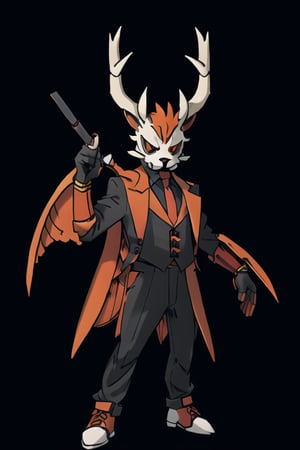 male jackalope, assassin gear, bunny ears, rabbit face, red-orange large bat_wings, 12 years old, demon tail, white fur, orange trim, black suit, full body image, elk horns, prehensile claws, black gloves