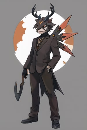 male demonic jackalope, assassin gear, bunny ears, rabbit face, red-orange large bat_wings, 12 years old, demon tail, revolver, dagger, white furry, orange trim, black suit, full body image, elk horns, prehensile claws, Riley