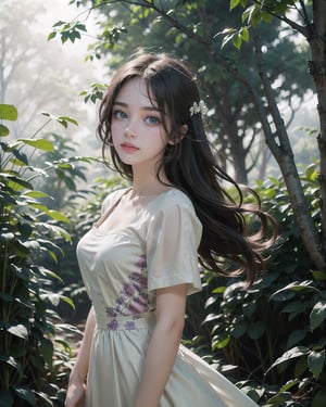 (masterpiece) 1girl, (nature_background, serene_atmosphere, high_resolution, half-body_portrait), a girl stands gracefully in a flowing dress amidst a serene natural landscape. The lush greenery of the forest surrounds her, with towering trees and colorful flowers creating a picturesque scene. The sunlight filters through the canopy, casting a warm glow on the scene. In the distance, a gentle stream meanders through the landscape, adding to the tranquil ambiance. The girl's presence adds a touch of elegance to the peaceful setting, her dress fluttering softly in the breeze. DetailedFace, best face, beautiful eyes, detailed eyes, elegant_pose.