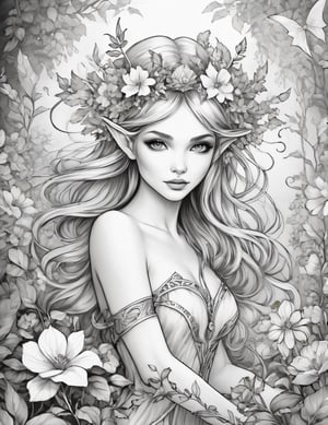 (coloring book for adultes), (black and white), (realistic), (full body), chaos, elegant, atmospheric, a elf girl, Freya Allan face), elegant, Ethereal fairy creatures, flowers blooming, in motion, dramatic, organic composition,Magical Fantasy style