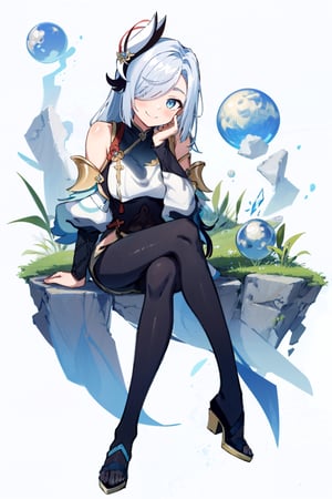 shenhe(genshin impact), bare shoulders, hair over one eye, 1girl, ribbed sweater, white background, black footwear,  blue eyes, closed mouth, hair ornament, pantyhose, high heels, shorts, solo, crossed legs, white hair, large breasts, legs, sitting, simple background, skirt, long hair, looking at viewer,masterpiece, best quality,scenery, nswf ,smile to viewer,
tilt head 

