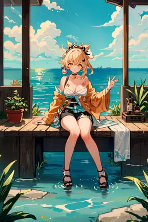 shenhe(genshin impact), bare shoulders, 1girl,  yellow eyes, hair ornament,high heels, shorts, solo,orange hair, large breasts, legs, simple background, skirt, long hair, looking at viewer,masterpiece, best quality,smile to viewer ,autumn,yellow leaf
,cartoon,col,dynamic,Graffiti,sitting on the rock under the tree,	 SILHOUETTE LIGHT ,bule sky,PARTICLES,form behind ,yoimiyadef,phgls,phgls, in container, submerged,bottle on the desk,bottle,yoimiya(genshin impact),yoimiyarnd,in container,(form above),(shimonadaeki), sky, plant, sunset, horizon, ocean, power lines, (cloud), utility pole, sign, water, grass,