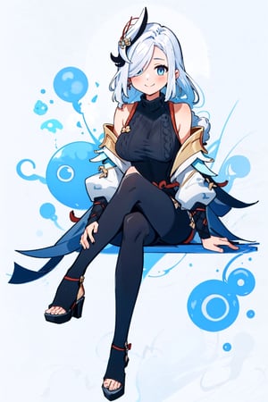 shenhe(genshin impact), bare shoulders, hair over one eye, 1girl, ribbed sweater, white background, black footwear,  blue eyes, closed mouth, hair ornament, pantyhose, high heels, shorts, solo, white hair, large breasts, legs, sitting, simple background, skirt, long hair, looking at viewer,masterpiece, best quality,scenery, nswf ,smile to viewer 
