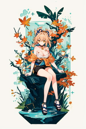 shenhe(genshin impact), bare shoulders, 1girl,  yellow eyes, hair ornament,high heels, shorts, solo,orange hair, large breasts, legs, simple background, skirt, long hair, looking at viewer,masterpiece, best quality,smile to viewer ,autumn,yellow leaf
,cartoon,col,dynamic,Graffiti,sitting on the rock under the tree,	 SILHOUETTE LIGHT ,bule sky,PARTICLES,form behind ,yoimiyadef,phgls,phgls, in container, submerged,bottle on the desk,bottle,yoimiya(genshin impact),yoimiyarnd