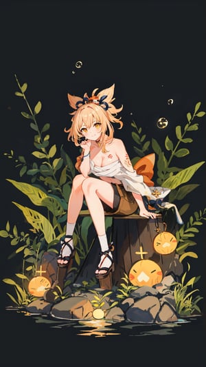 shenhe(genshin impact), bare shoulders, 1girl,  yellow eyes, hair ornament,high heels, shorts, solo,orange hair, large breasts, legs, simple background, skirt, long hair, looking at viewer,masterpiece, best quality,smile to viewer ,autumn,yellow leaf
,cartoon,col,dynamic,Graffiti,sitting on the rock under the tree,	 SILHOUETTE LIGHT ,bule sky,PARTICLES,form behind ,yoimiyadef,phgls,phgls, in container, submerged,bottle on the desk,bottle,yoimiya(genshin impact),yoimiyarnd,in container,smile to viewer,open mouse,