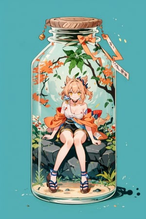 shenhe(genshin impact), bare shoulders, 1girl,  yellow eyes, hair ornament,high heels, shorts, solo,orange hair, large breasts, legs, simple background, skirt, long hair, looking at viewer,masterpiece, best quality,smile to viewer ,autumn,yellow leaf
,cartoon,col,dynamic,Graffiti,sitting on the rock under the tree,	 SILHOUETTE LIGHT ,bule sky,PARTICLES,form behind ,yoimiyadef,phgls,phgls, in container, submerged,bottle on the desk,bottle,yoimiya(genshin impact),yoimiyarnd