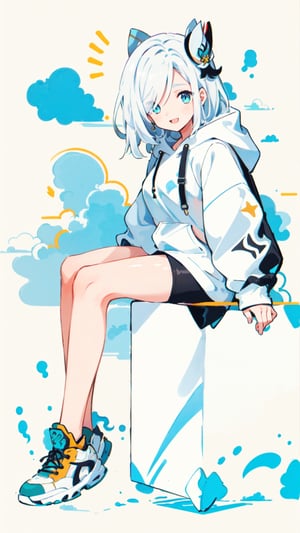  shenhe(genshin impact), blue eyes, white hair, hair ornament, pantyhose, shorts, solo, large breasts, legs,skirt, long hair,white t-shirt ,(black_hoodie),hair over one eye,

1girl,, white background,dynamic,
simple background,Black hoodie with white t-shirt,
simplecats,graffiti,dynamic,spreading,girl,sneakers,girl with BackPack,cloud,((cumulonimbus)),
open mouth,(smile to viewer),

 scenery,masterpiece, best quality,(from side),masterpiece, best quality, no_humans,shenhe(genshin impact)

