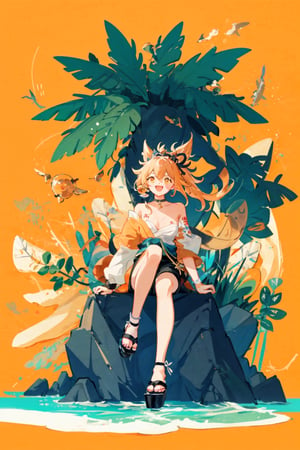 shenhe(genshin impact), bare shoulders, 1girl,  yellow eyes,open mouth, hair ornament,high heels, shorts, solo,orange hair, large breasts, legs, simple background, skirt, long hair, looking at viewer,masterpiece, best quality,smile to viewer ,;d,(light organ background),autumn
,cartoon,col,dynamic,hiphop,street art,Graffiti,sitting on the rock under the tree,	 SILHOUETTE LIGHT ,PARTICLES,seaside,form behind ,no_humans,yoimiyadef,scenery