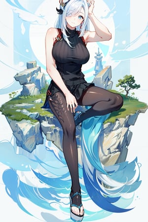 shenhe(genshin impact), bare shoulders, hair over one eye, 1girl, ribbed sweater, white background, black footwear, sleeveless sweater, blue eyes, closed mouth, hair ornament, pantyhose, high heels, shorts, solo, crossed legs, white hair, black sweater, large breasts, legs, sitting, sleeveless, simple background, skirt, long hair, looking at viewer,masterpiece, best quality,scenery, nswf ,smile to viewer ,
leaning on a rag doll
