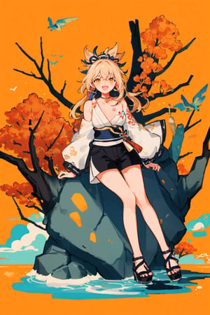 shenhe(genshin impact), bare shoulders, 1girl,  yellow eyes,open mouth, hair ornament,high heels, shorts, solo,orange hair, large breasts, legs, simple background, skirt, long hair, looking at viewer,masterpiece, best quality,smile to viewer ,;d,light organ background,autumn
,cartoon,col,dynamic,hiphop,street art,Graffiti,sitting on the rock under the tree,	 SILHOUETTE LIGHT ,bule sky,PARTICLES,seaside,form behind ,no_humans,yoimiyadef