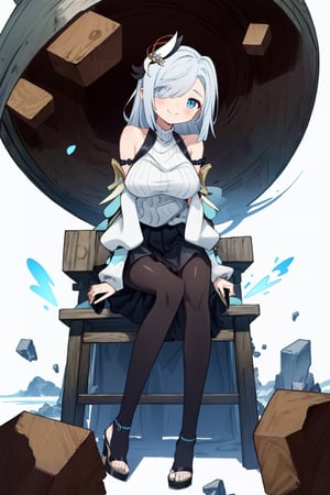 shenhe(genshin impact), bare shoulders, hair over one eye, 1girl, ribbed sweater, white background, black footwear,  blue eyes, closed mouth, hair ornament, pantyhose, high heels, shorts, solo, white hair, large breasts, legs, sitting, simple background, skirt, long hair, looking at viewer,masterpiece, best quality,scenery, nswf ,smile to viewer,
tilt head 
