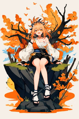 shenhe(genshin impact), bare shoulders, 1girl,  yellow eyes,open mouth, hair ornament,high heels, shorts, solo,orange hair, large breasts, legs, simple background, skirt, long hair, looking at viewer,masterpiece, best quality,smile to viewer ,;d,(light organ background),autumn
,cartoon,col,dynamic,hiphop,street art,Graffiti,sitting on the rock under the tree,	 SILHOUETTE LIGHT PARTICLES,seaside,form behind ,no_humans,yoimiyadef