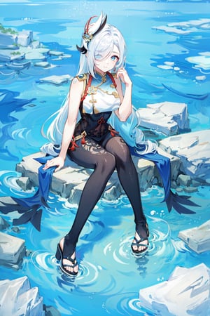 shenhe(genshin impact), bare shoulders, hair over one eye, 1girl,blue background, black footwear, sleeveless  blue eyes, hair ornament, pantyhose, high heels, shorts, solo, white hair,  large breasts, legs, sitting, sleeveless, simple background, skirt, long hair, looking at viewer,masterpiece, best quality,scenery, nswf , Sitting on a reef by the sea ,Deep blue and dark  sky ,Looking from top to bottom , smile to viewer ,one hand behind head