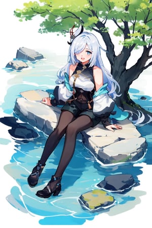 shenhe(genshin impact), bare shoulders, hair over one eye, 1girl, white background, black footwear, blue eyes, open mouth, hair ornament, pantyhose, high heels, shorts, solo, white hair, large breasts, legs, simple background, skirt, long hair, looking at viewer, masterpiece, best quality, scenery, smile to viewer, seaside, shallow water, blue sky, cartoon, col, sitting on the box under tree,