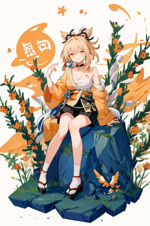 shenhe(genshin impact), bare shoulders, 1girl,  yellow eyes, hair ornament,high heels, shorts, solo,orange hair, large breasts, legs, simple background, skirt, long hair, looking at viewer,masterpiece, best quality,smile to viewer ,autumn,yellow leaf
,cartoon,col,dynamic,Graffiti,sitting on the rock under the tree,	 SILHOUETTE LIGHT ,bule sky,PARTICLES,form behind ,no_humans,yoimiyadef,eguchistyle