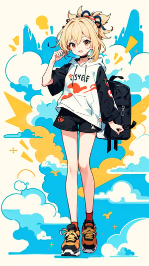 yoimiyadef, red eyes, yellow hair, hair ornament, pantyhose, shorts, solo, large breasts, legs,skirt, long hair,t-shirt ,(black_hoodie),hair over one eye,

1girl,, white background,dynamic,
simple background,Black hoodie with white t-shirt,
simplecats,graffiti,dynamic,spreading,girl,sneakers,girl with 
black BackPack,cloud,((cumulonimbus)),
open mouth,

 scenery,masterpiece, best quality,masterpiece, best quality, no_humans,