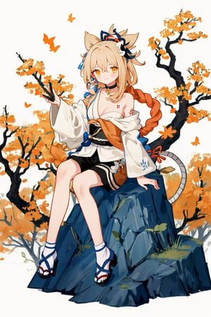 shenhe(genshin impact), bare shoulders, 1girl,  yellow eyes, hair ornament,high heels, shorts, solo,orange hair, large breasts, legs, simple background, skirt, long hair, looking at viewer,masterpiece, best quality,smile to viewer ,autumn,yellow leaf
,cartoon,col,dynamic,Graffiti,sitting on the rock under the tree,	 SILHOUETTE LIGHT ,bule sky,PARTICLES,form behind ,no_humans,yoimiyadef,eguchistyle,open mouse