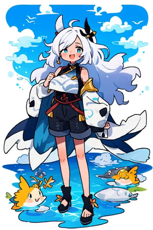 shenhe(genshin impact), bare shoulders, hair over one eye, 1girl, white background, black footwear,  blue eyes,open mouth, hair ornament, pantyhose, high heels, shorts, solo,white hair, large breasts, legs, simple background, skirt, long hair, looking at viewer,masterpiece, best quality,scenery, smile to viewer ,seaside,shallow water,blue sky
,cartoon,col