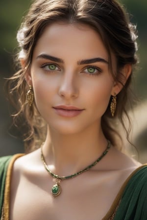 (detailed face, detailed eyes, clear skin, clear eyes), lotr, handcrafted neckless and earrings, female, portrait, photography, detailed skin, realistic, photo-realistic, 8k, highly detailed, full length frame, High detail RAW color art, diffused soft lighting, shallow depth of field, sharp focus, hyperrealism, cinematic lighting, green eyes, dark hair, blurred background, national geographic photo, italian model