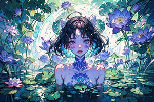 ghibli style, solo, orgasm, weiboZH, (masterpiece), best quality, perfect face, 
bjd doll, inside a teacup, naked body, black hair, flooded with giant lotuses and lotus leaves ,High detailed ,watercolor purple tiles, marble, Imaginative_Melodies,xjrex,watercolor \(medium\),bodypaint,Shion face,SAM YANG,phgls