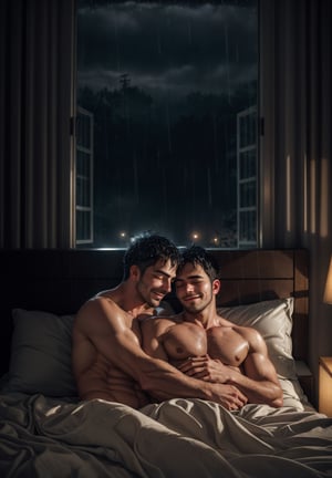 
Generate a heartwarming and cinematic bedroom scene. 2 gay men In a cozy and tastefully decorated bedroom with soft, dimmed lighting, two loving men, Alex and James, are peacefully sleeping side by side in a king-sized bed adorned with plush blankets and pillows. The rain is gently tapping against the windowpane, creating a soothing ambiance. Capture the scene from a slightly elevated angle, allowing the viewer to appreciate the tenderness of their embrace and the affectionate smiles on their faces as they dream together on this rainy night. Convey the warmth and intimacy of their relationship, the comfort of their shared space, and the tranquility of the rainy evening outside, (night:1.4), fog, condensation, (dark atmosphere:1.5), pectorals, nude, best quality, masterpiece, detailed background, depth of field, intricate details, no women, naked, nude