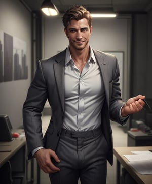 photo of person, man, smirk, dress shirt, pants, suit, work clothes, looking to viewer, cinematic lighting, detailed face, detailed eyes, masterpiece, high_res, perfect face,