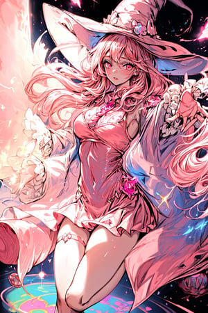 1 girl, cute girl, long pink hair, pink eyes, beautiful fire witch, dynamic pose, light particles, light ray, colorful, magic circle, witch hat, girl on a floating stone platform, colorful glare, reflection, Dark Fantasy, medium breasts, full lips, bright detailed eyes, hyperdetailed