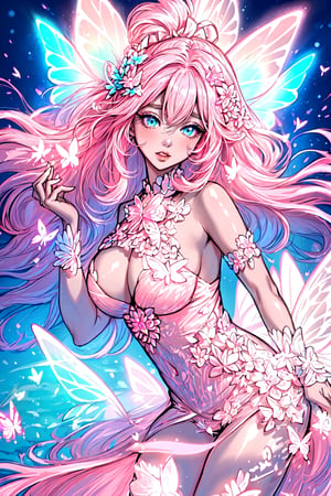 masterpiece, 1 girl, Extremely beautiful woman standing in a glowing lake with very large glowing pink butterfly wings, glowing hair, long cascading hair, neon hair, ornate pink and white butterfly dress, midnight, lots of glowing butterflies flying around, full lips, hyperdetailed face, detailed eyes
