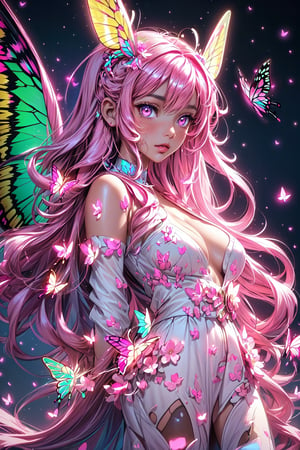 masterpiece, 1 girl, Extremely beautiful woman standing in a glowing lake with very large glowing pink butterfly wings, glowing hair, long cascading hair, neon hair, ornate pink and white butterfly dress, midnight, lots of glowing butterflies flying around, full lips, hyperdetailed face, detailed eyes,pole_dancing