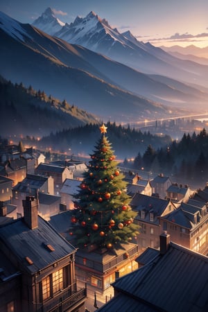 Christmas tree on the mountain, landscape,photorealistic, city visible from the top, extremely detailed