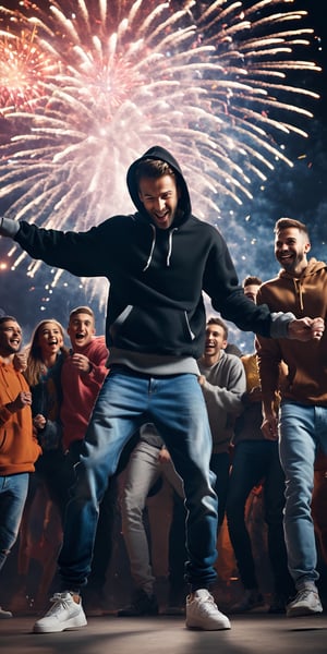 professional studio photo, masterpiece, best quality, ultra detailed, hyper realistic, full body, aesthetic, A man, wearing hoodie and a baggy jeans, dancing with friends, in a outdiir festival party , fireworks in the sky, nighttime, fantastic, fantasy, flamboyance,  absurdres, sharp focus,Movie Still