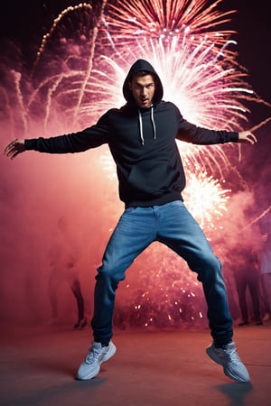 professional studio photo, masterpiece, best quality, ultra detailed, hyper realistic, full body, aesthetic, A man, wearing hoodie and a baggy jeans, dancing with friends, in a outdiir festival party , fireworks in the sky, nighttime, fantastic, fantasy, flamboyance,  absurdres, sharp focus,Movie Still